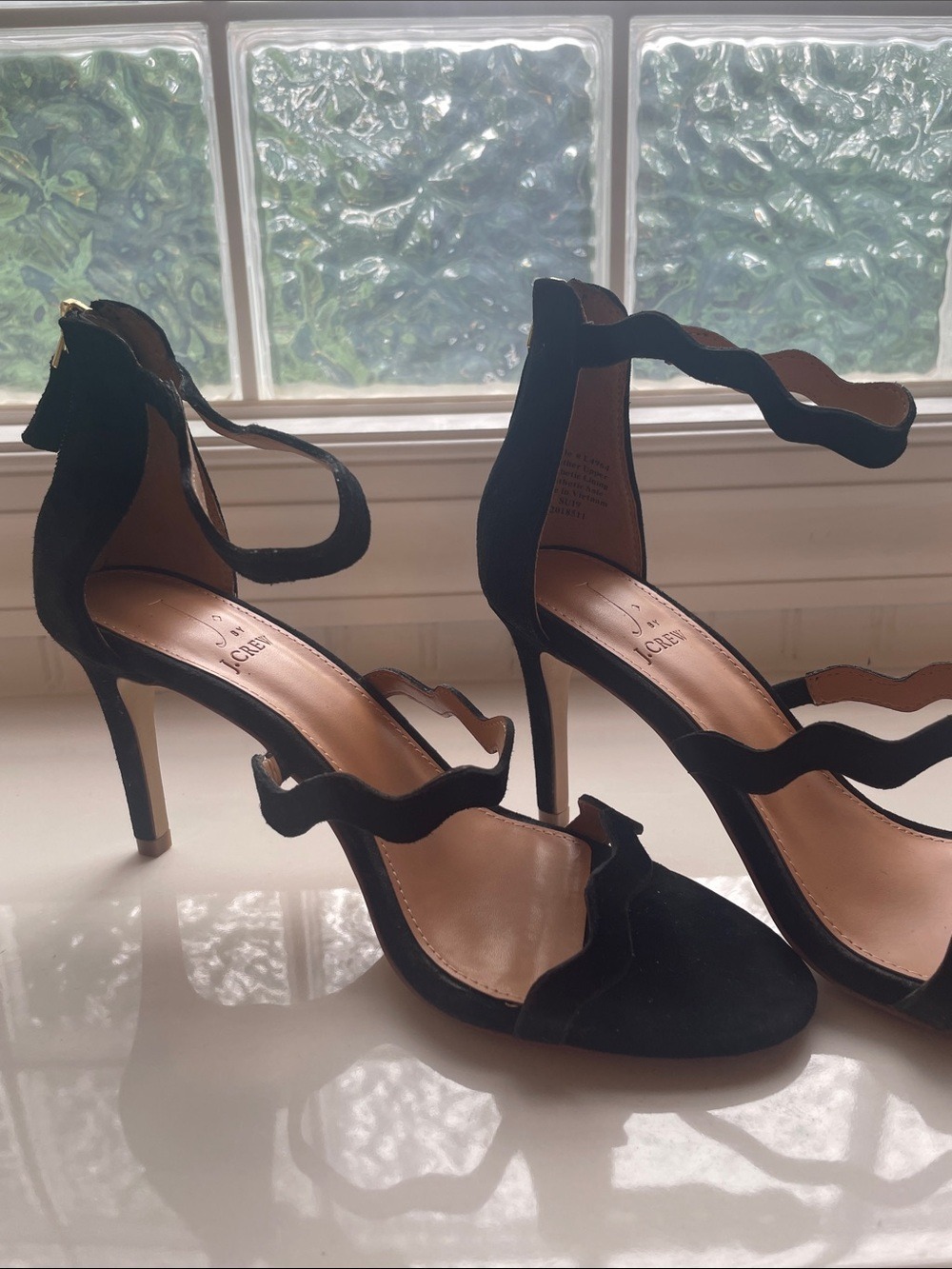 JCrew Wavy Strap Black Suede High Heel Sandals
